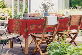 Clos des Oliviers linear red 100% cotton coated tablecloth.