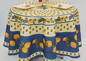 Lemon blue round provencal tablecloth in polyester