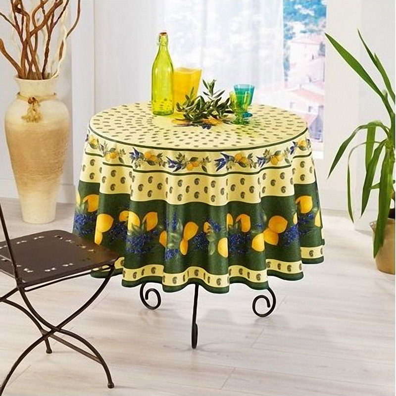 Lemon green - Provencal polyester round tablecloth 180cm diam.